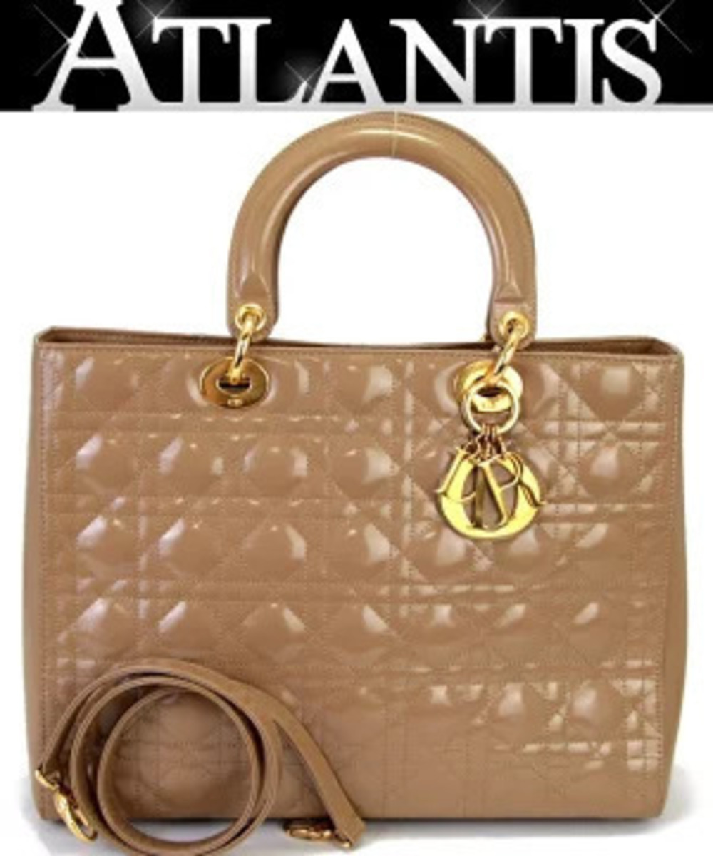 Christian Dior Lady Cannage Bag Patent Vernis Leather Beige Cream